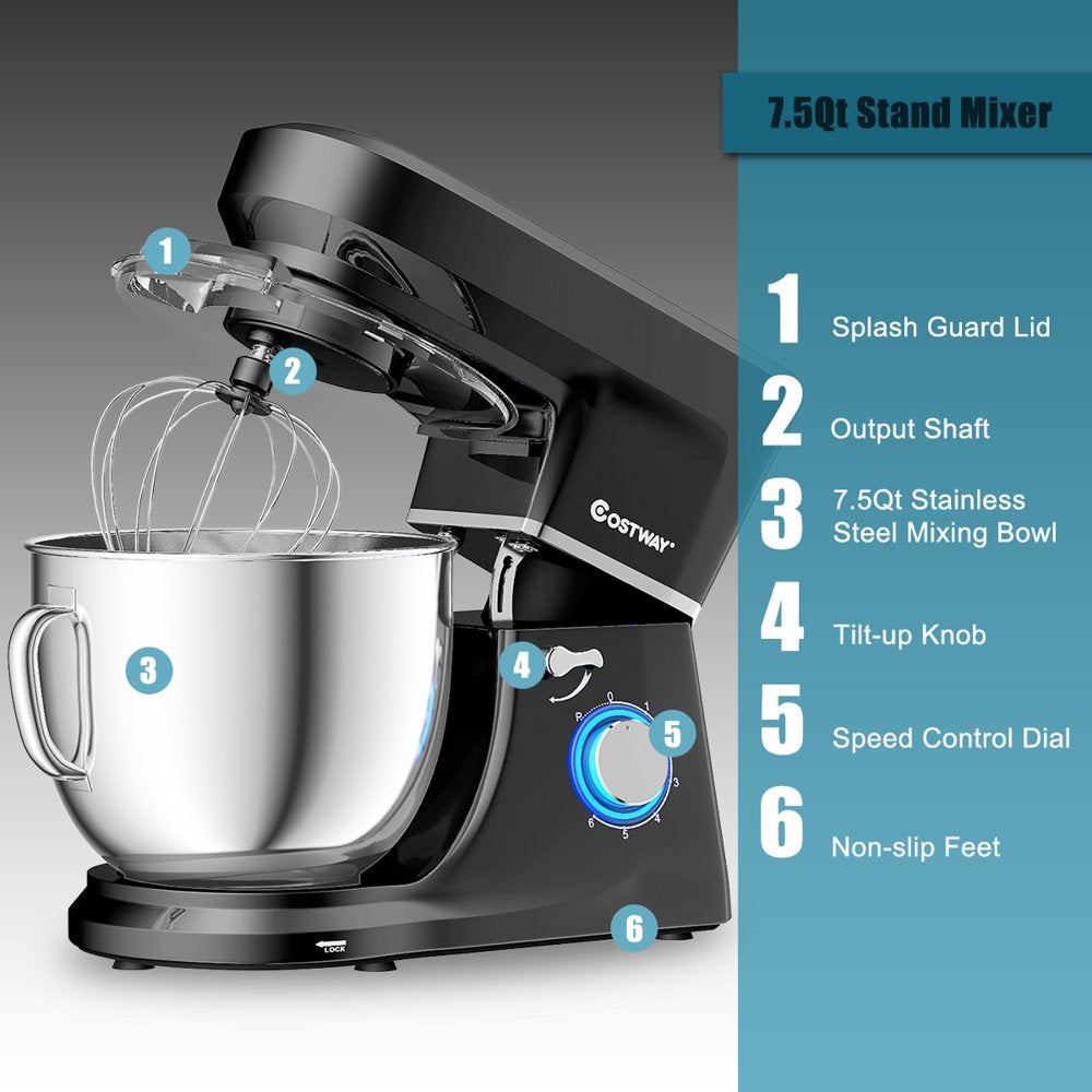 Costway Tilt-Head Stand Mixer 7.5 Qt 6 Speed 660W with Dough Hook, Whisk & Beater Black