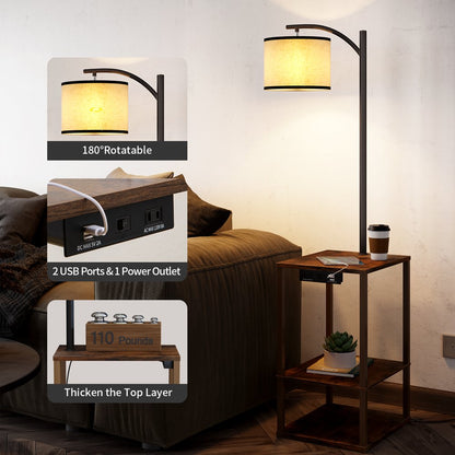 Floor Lamp with Table, Lamps for Living Room with USB Port, Attached End Table with Shelves, Brown