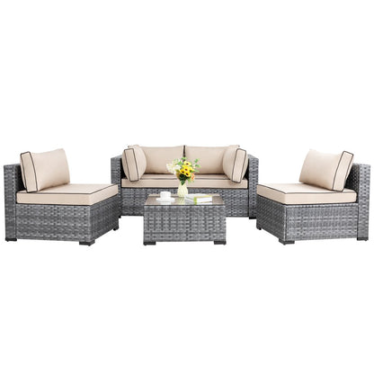 Walsunny 5 Pieces Patio Furniture Sets, Wicker Rattan Outdoor Sectional Sofa with Glass Table and Cushions