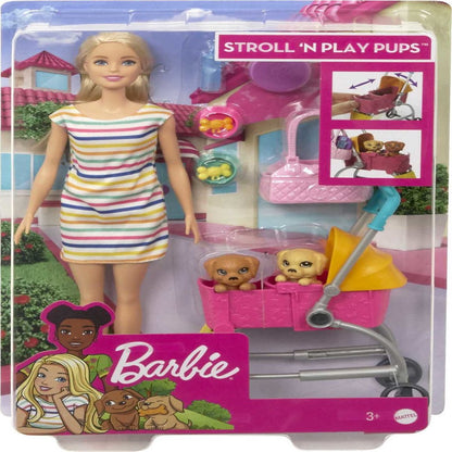 Barbie Stroll & Play Pups Playset with Blonde Doll, Transforming Stroller, 2 Pets & Accessories