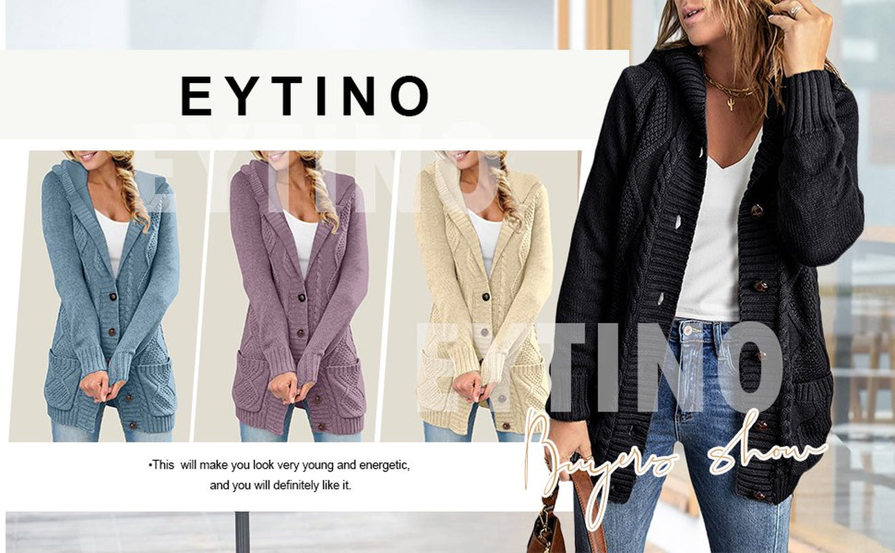 Eytino Hooded Cardigan Sweaters for Women Long Sleeve Button Down Knit Sweater Coat Outwear with Pockets