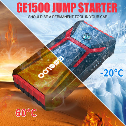 Jump Starter,1500A Peak 12V GE1500 Portable Jump Box with Quick Charge Out(Up to 6.0L Gas and 4.0L Diesel Engines),Supersafe Jump Starter Auto Battery Booster Pack