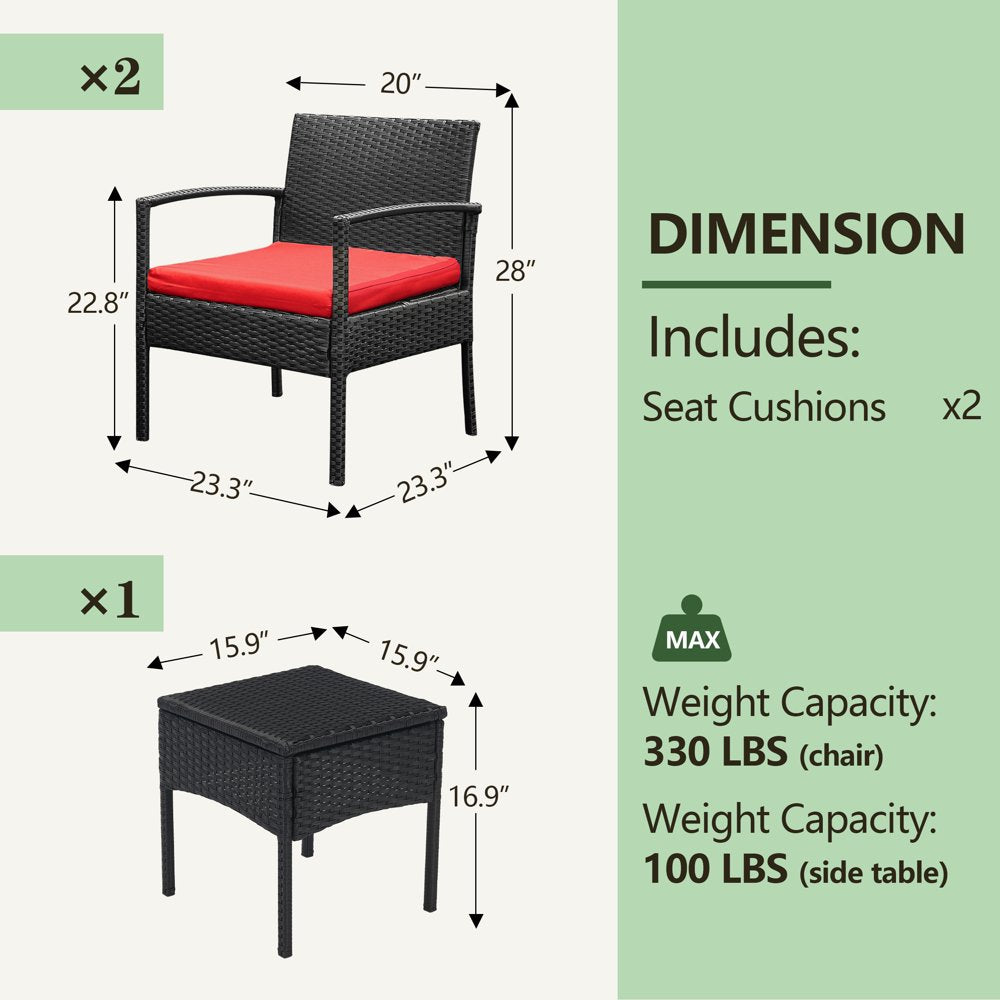 Tappio Outdoor Furniture 3 Piece Patio Bistro Furniture Set, Rattan Conversation Chairs Set with Side Table and Cushions, Patio Furniture Sets for Balcony Garden Porch, Red