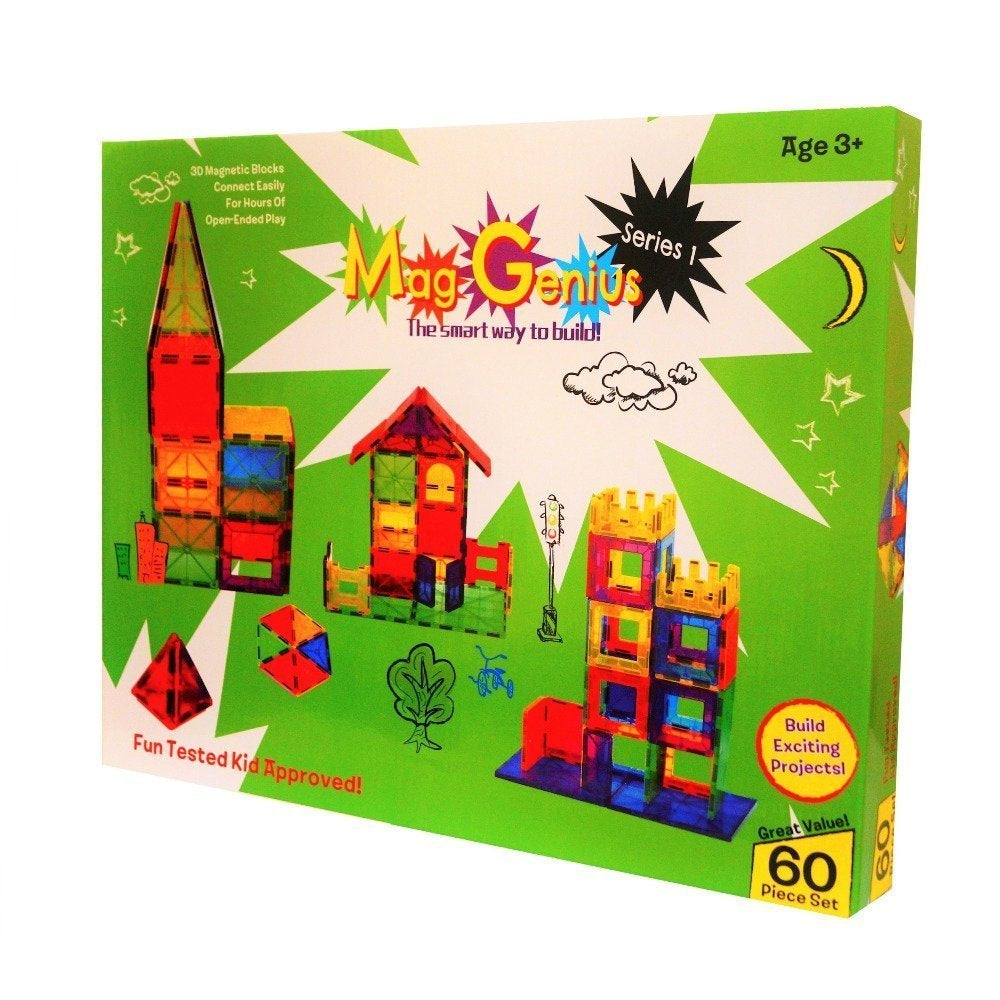 Mag-Genius Building Magnet Tiles Blocks Clear Colors 3D Brain Building Blocks Magnet Toy Set of 60 Pieces