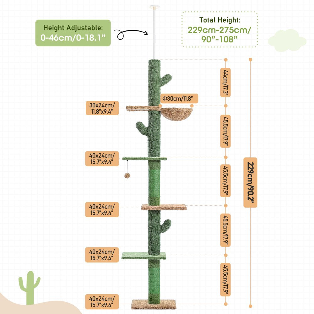 PAWZ Road 5-Level Cat Tree House Cactus Style Floor to Ceiling Tower 95-107" for Indoor Small Cats, Green