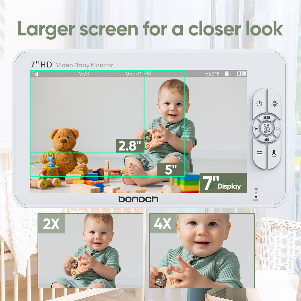 bonoch Baby Monitor with 2 Cameras 7" 720P HD LCD Split Screen Video Audio No WiFi Auto Night Vision