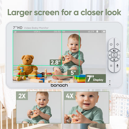 bonoch Baby Monitor with 2 Cameras 7" 720P HD LCD Split Screen Video Audio No WiFi Auto Night Vision