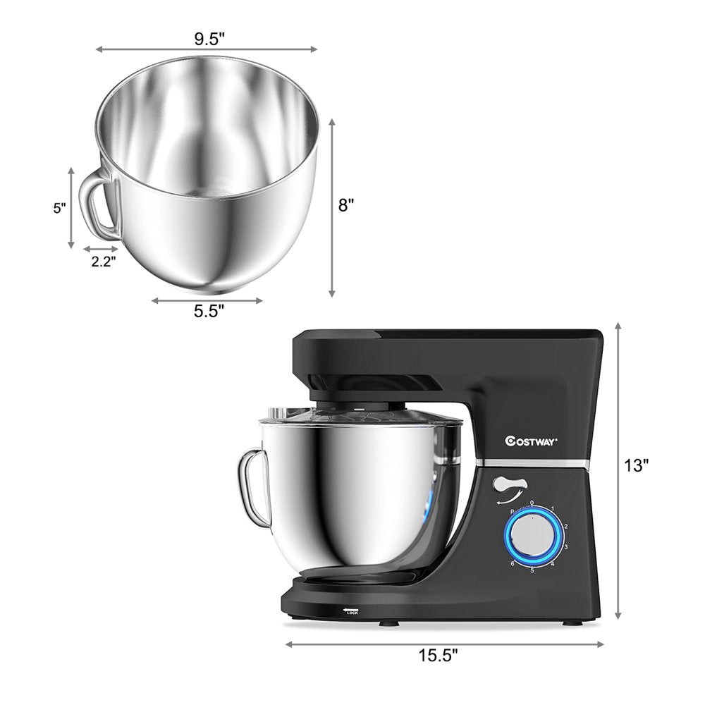 Costway Tilt-Head Stand Mixer 7.5 Qt 6 Speed 660W with Dough Hook, Whisk & Beater Black