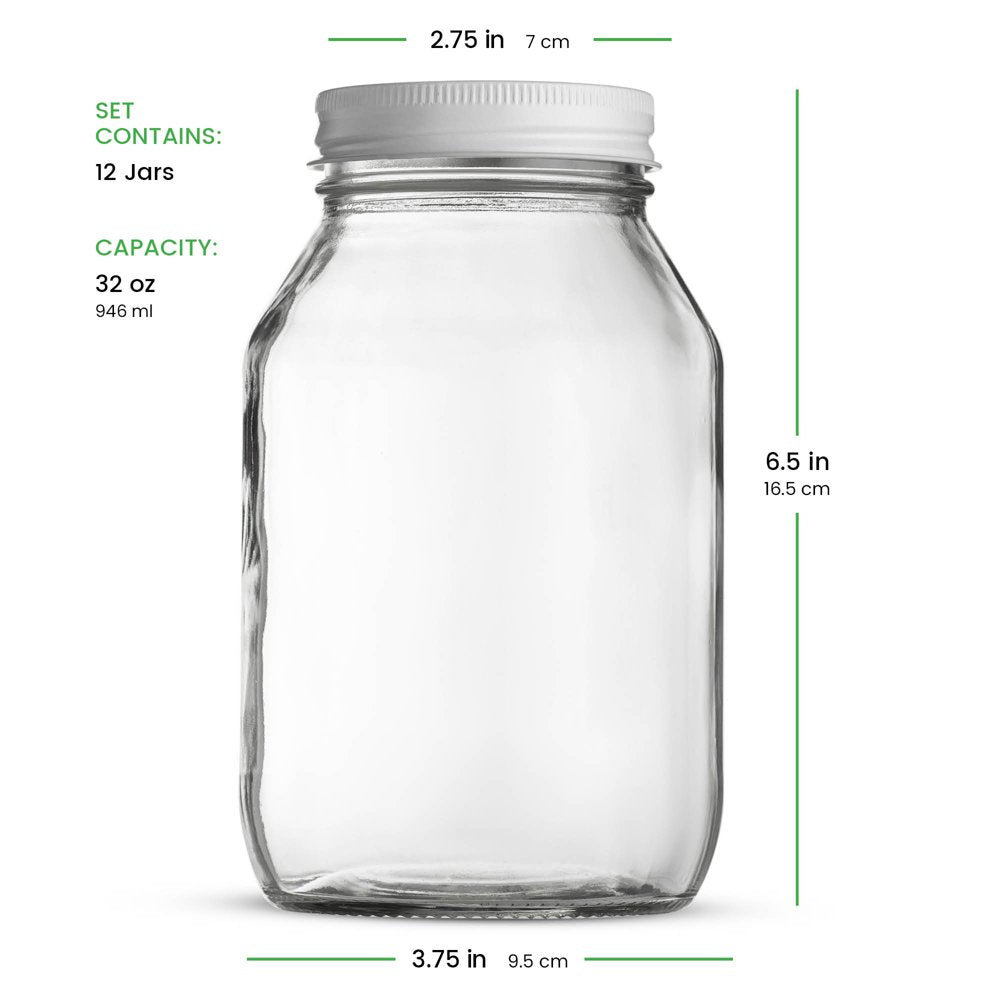 High-Quality Glass Mason Jars 32 Oz. 1 Quart 12 Pack Regular Mouth, Metal Lid,