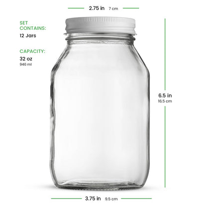 High-Quality Glass Mason Jars 32 Oz. 1 Quart 12 Pack Regular Mouth, Metal Lid,