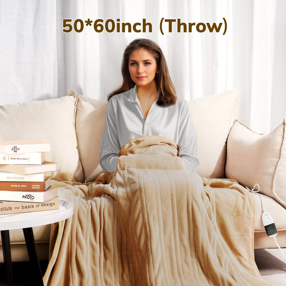 Electric Heated Blanket Throw w/ Hand Warmer for Kids & Adults & Elderly, Keenstone Machine Washable Fast Heating Flannel Blanket for Office Bedroom Livingroom, Beige