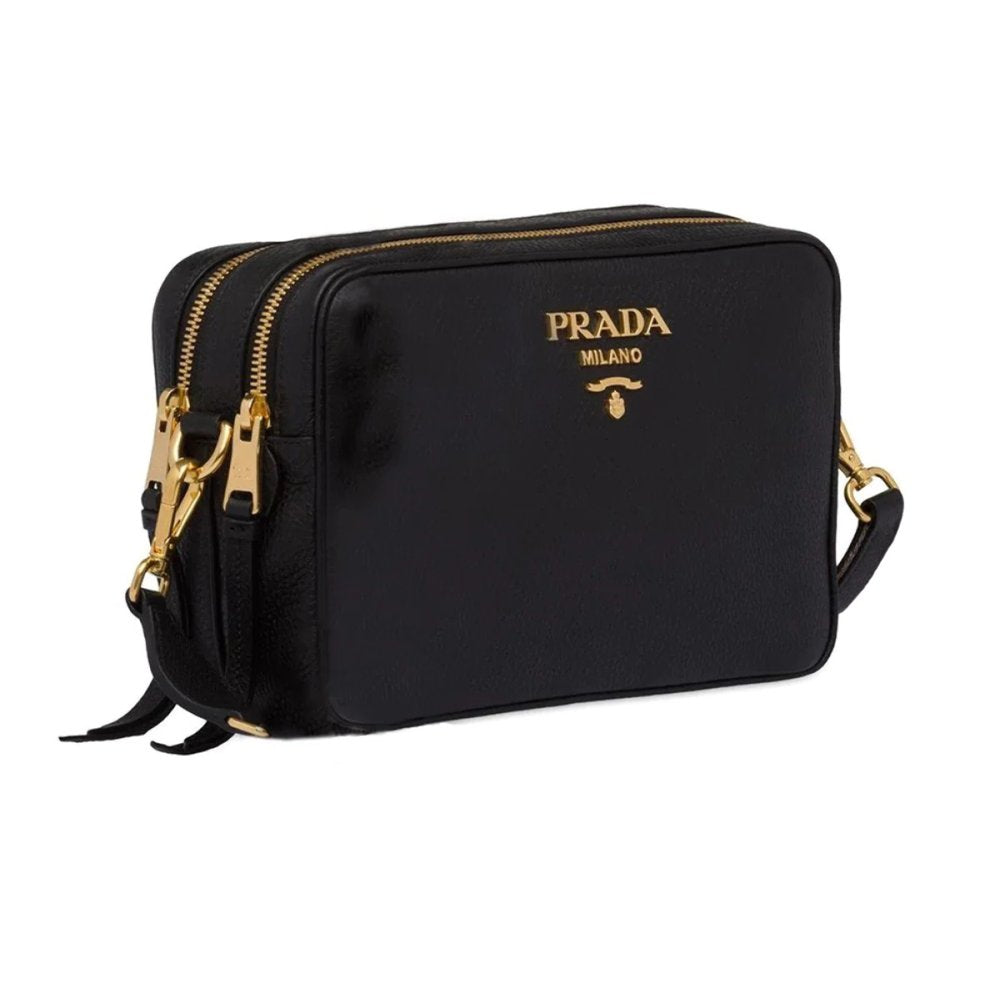 New Prada Black Vitello Phenix Leather Double Zip Cross Body Bag 1BH079