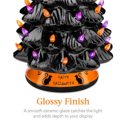  15in Pre-Lit Ceramic Tabletop Halloween Tree, Holiday Decoration w/ Orange & Purple Bulb Lights