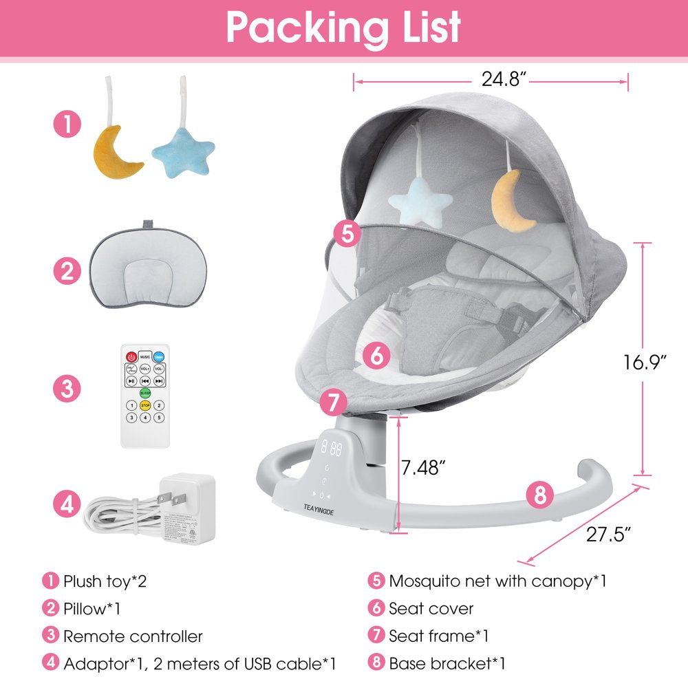 TEAYINGDE Baby Swing for Infants - APP Remote Bluetooth Control, 5 Speed Settings, 10 Lullabies, USB Plug (Gray)