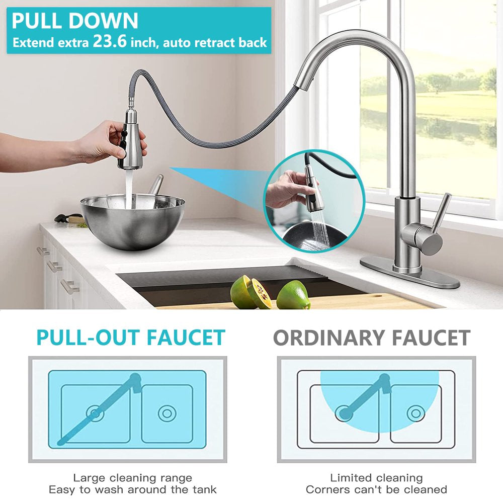 PHANCIR Kitchen Faucet with Pull down Sprayer, High Arc Single Handle Kitchen Sink Faucets with Pause Button Premium Brushed Nickel with Deck Plate Suit to 1 or 3 Holes