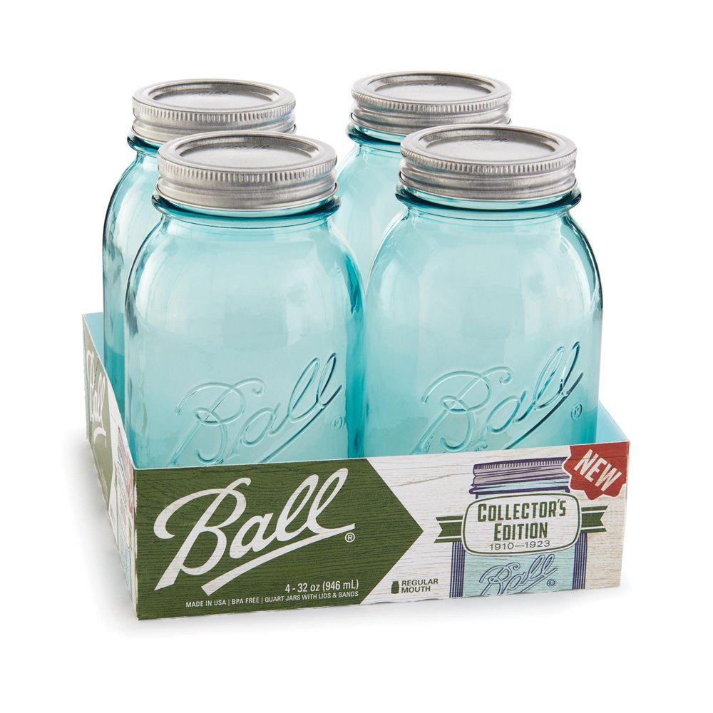 Ball Aqua Vintage Regular Mouth Quart Glass Mason Jars, 32 oz, 4 Pack