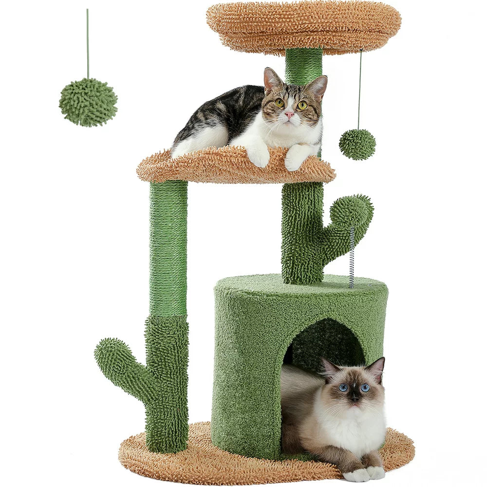 PAWZ Road 32" Cat Tree Tower with Cactus Sisal Scratching Posts Condo Perch for Indoor Small Cats, Green