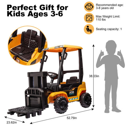 Licensed JCB 12V Powered Ride on Car to Forklift, Toddler Ride on Toy with Lifting Pallet, Remote Control, Trunk, 4 Wheels Electric Construction Vehicle for Kids 3-8 Years Old, Yellow