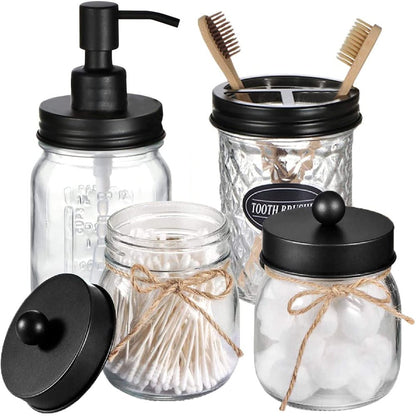  Mason Jar Bathroom Accessories Set (4PCS) - Lotion Soap Dispenser,Toothbrush Holder,2 Apothecary Jars- Rustic Farmhouse Decor (Black)