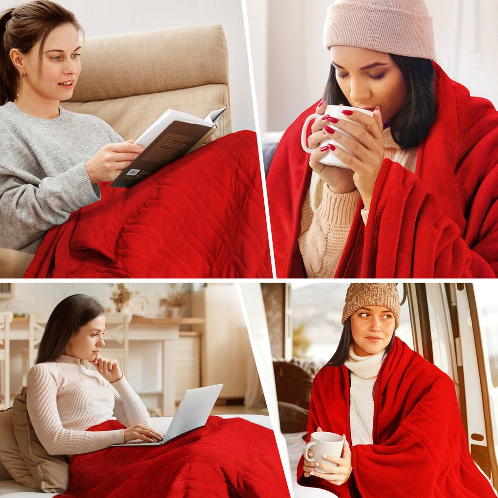 Electric Heated Blanket Throw w/ Hand Warmer for Kids & Adults & Elderly, Keenstone Machine Washable Fast Heating Flannel Blanket for Office Bedroom Livingroom, Red