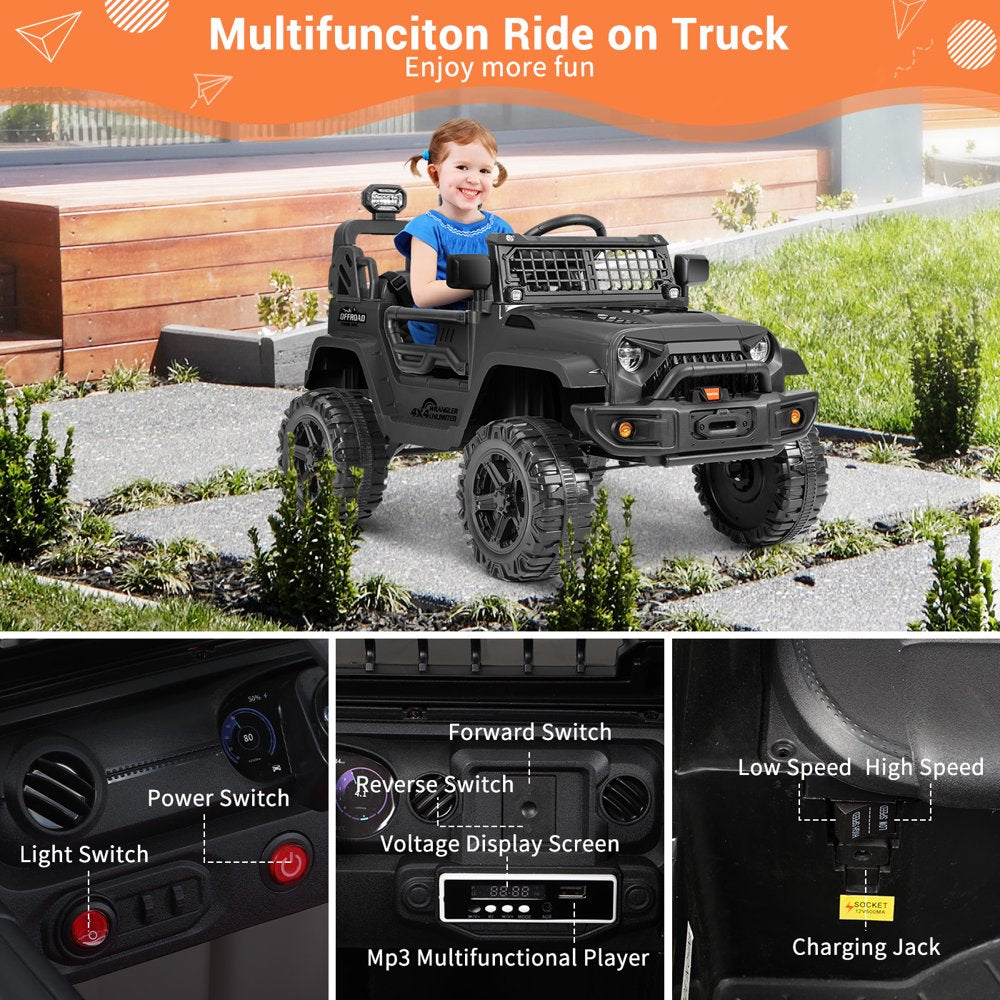 Funtok Kids 12V Electric Ride on Truck Toy Car with Remote Control, Spring Suspension, DIY Stickers and Music Player