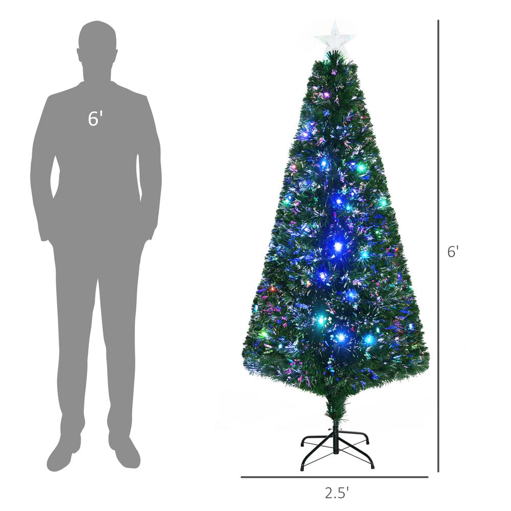 HomCom Multi-color LED Green Prelit Noble Fir Artificial Christmas Tree, with 230 Tips including 24 Pre Programmed Fiber Optic Lights 6'