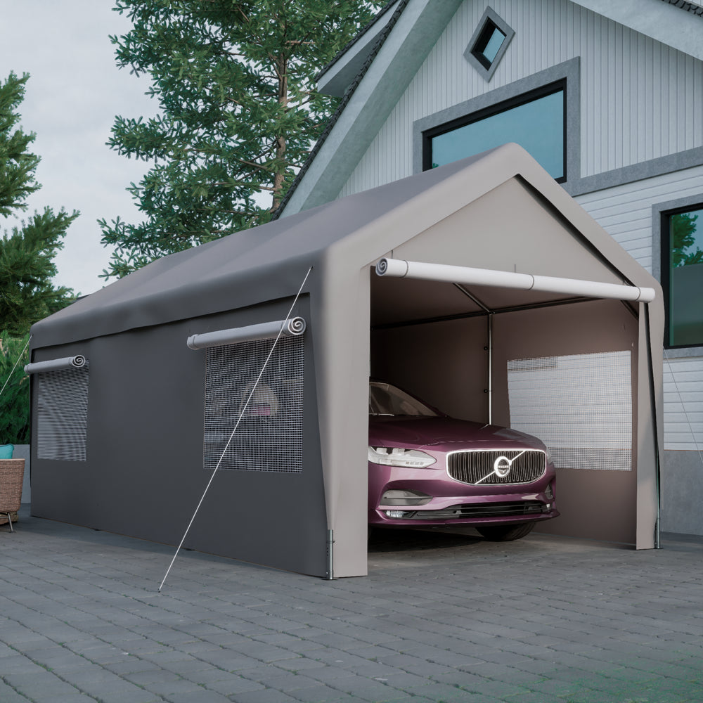 10 X 20 Ft. Heavy Duty Steel Outdoor Carport Storage Boat Shed Canopy Garage Car Shelter Portable Party Tent Adjustable Height with Window Sidewalls and Doors, Gray