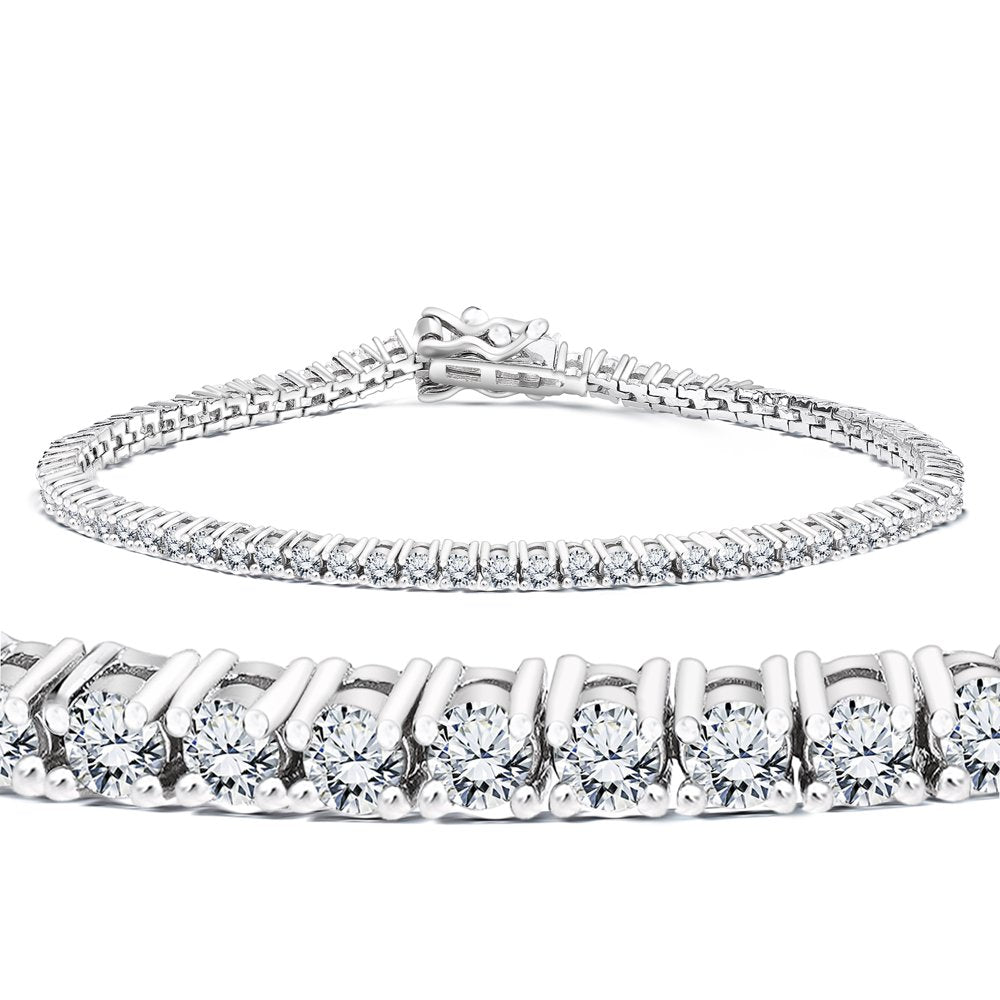 3 Carat Round Cut Moissanite Tennis Bracelet Eternity Design in 18K White Gold over Silver, Female, Adult