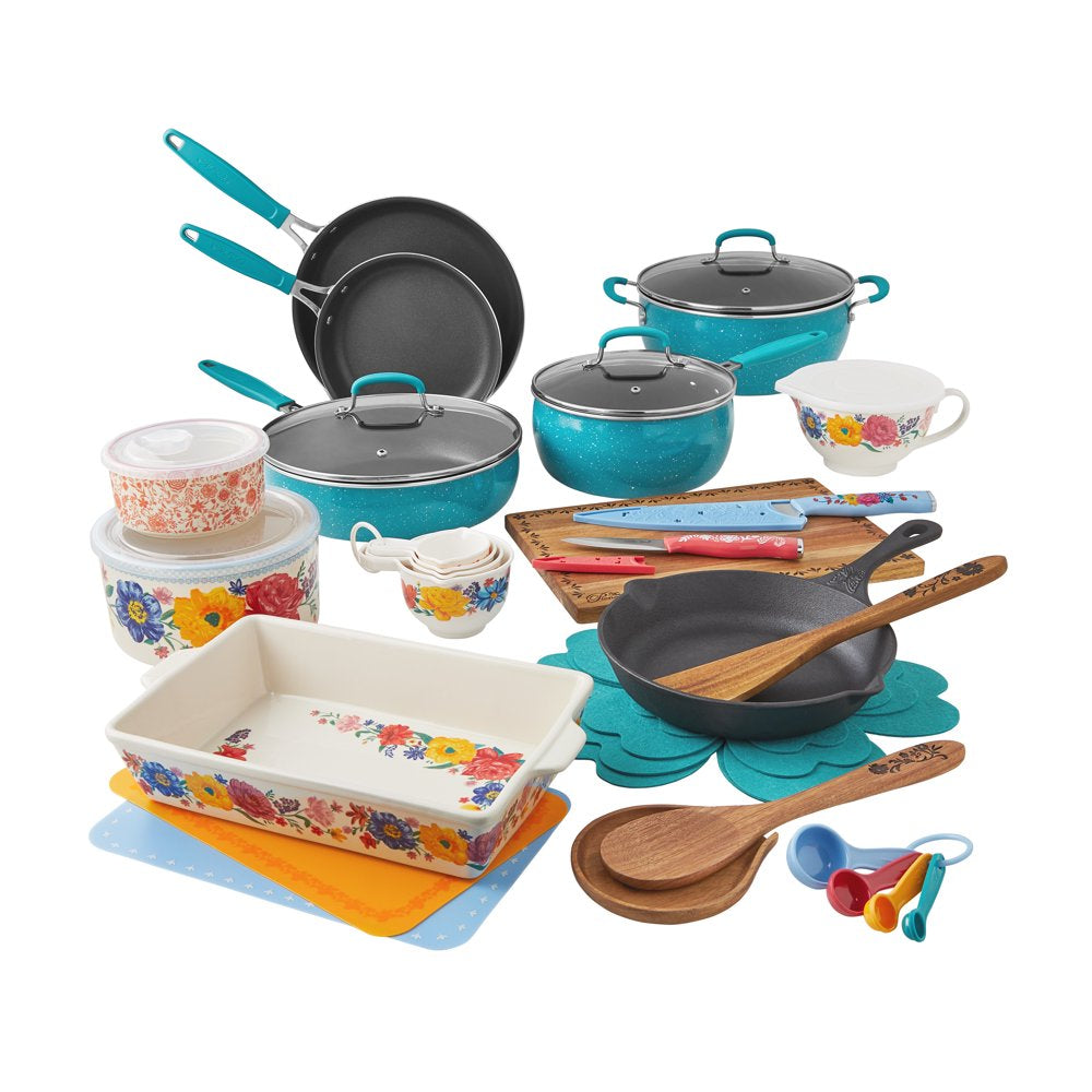 The Pioneer Woman Brilliant Blooms 38-Piece Cookware Set, Teal