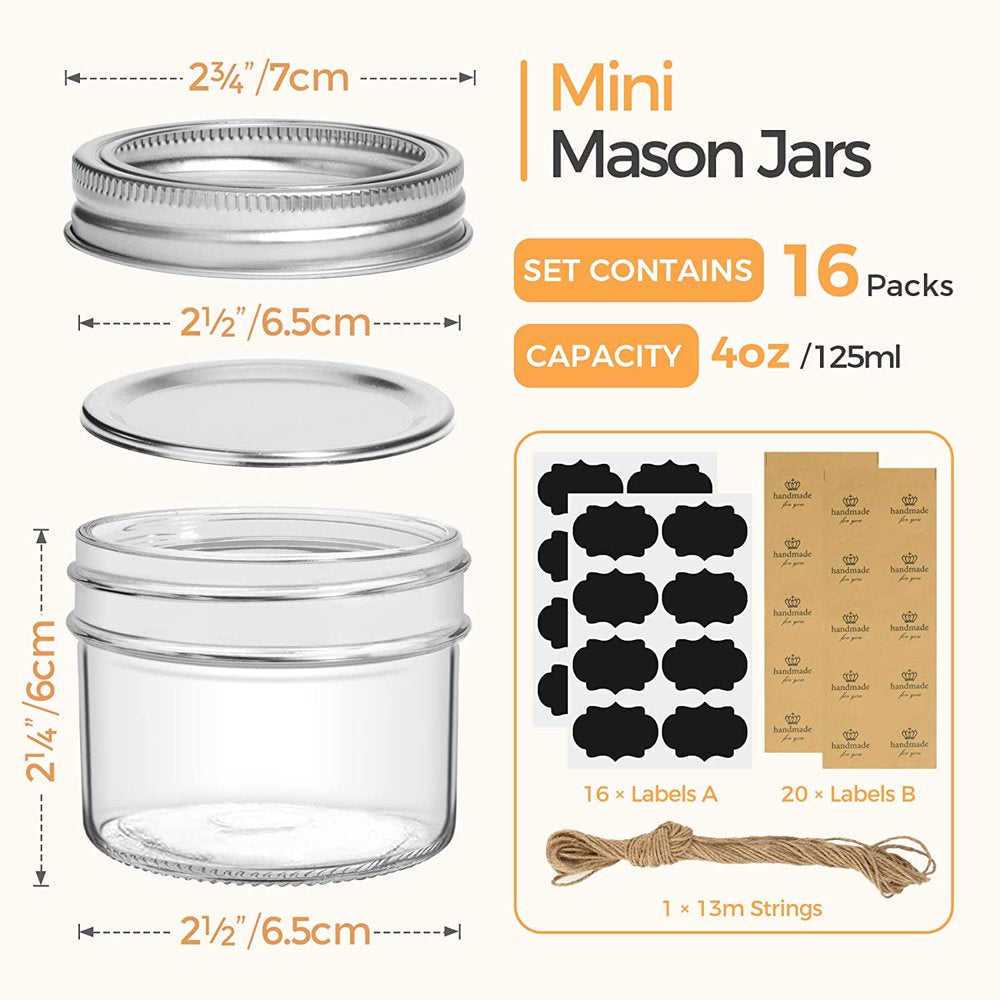 ComSaf Mini Mason Jars 4oz - 16 Pack, Regular Mouth Mason Jar with Lids and Seal Bands, Small Glass Canning Jar for Spice, Jam, Honey, Jelly, Dessert, Shower Wedding Favors, DIY Candles Decor