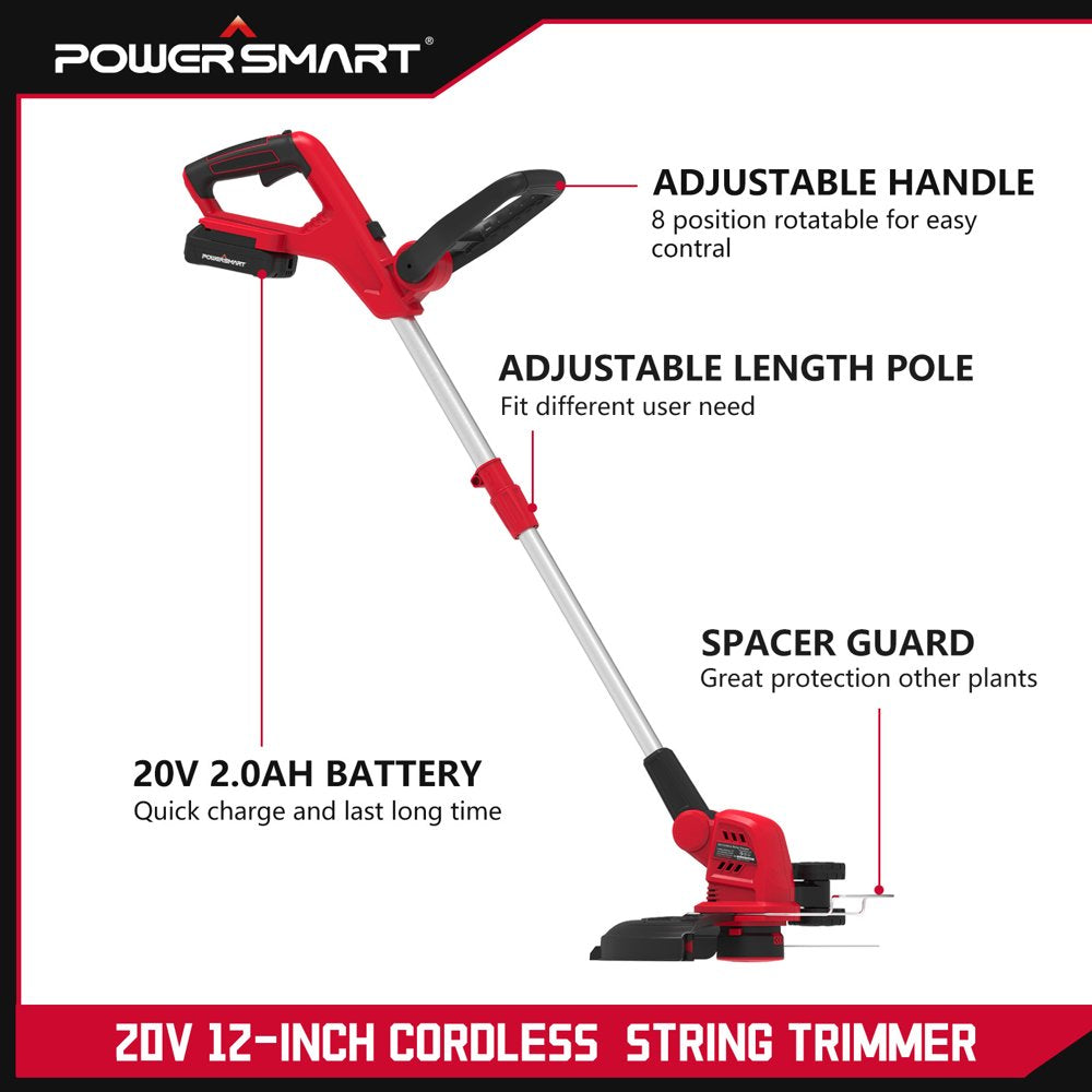 Powersmart 20V 12-Inch 7Lb Cordless String Trimmer, 2 Ah Battery and Charger Included