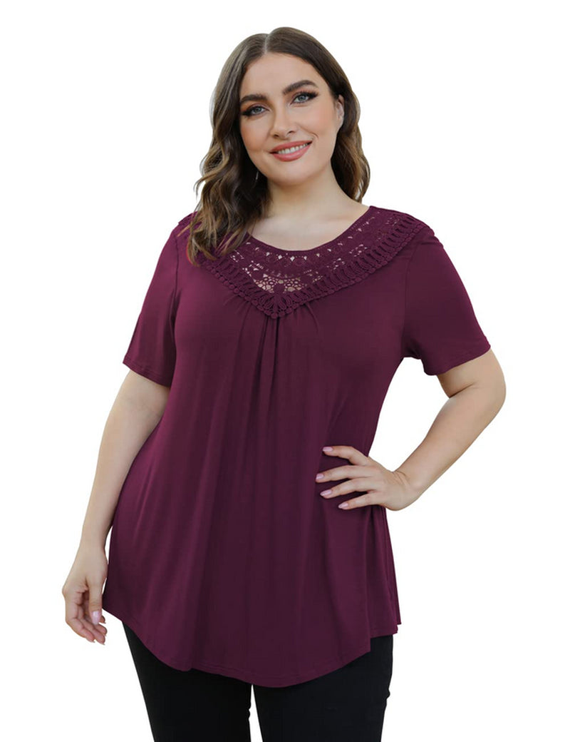 FOLUNSI Women's Plus Size Summer Tops Short Sleeve Lace Pleated Blouses Tunic Tops M-4XL