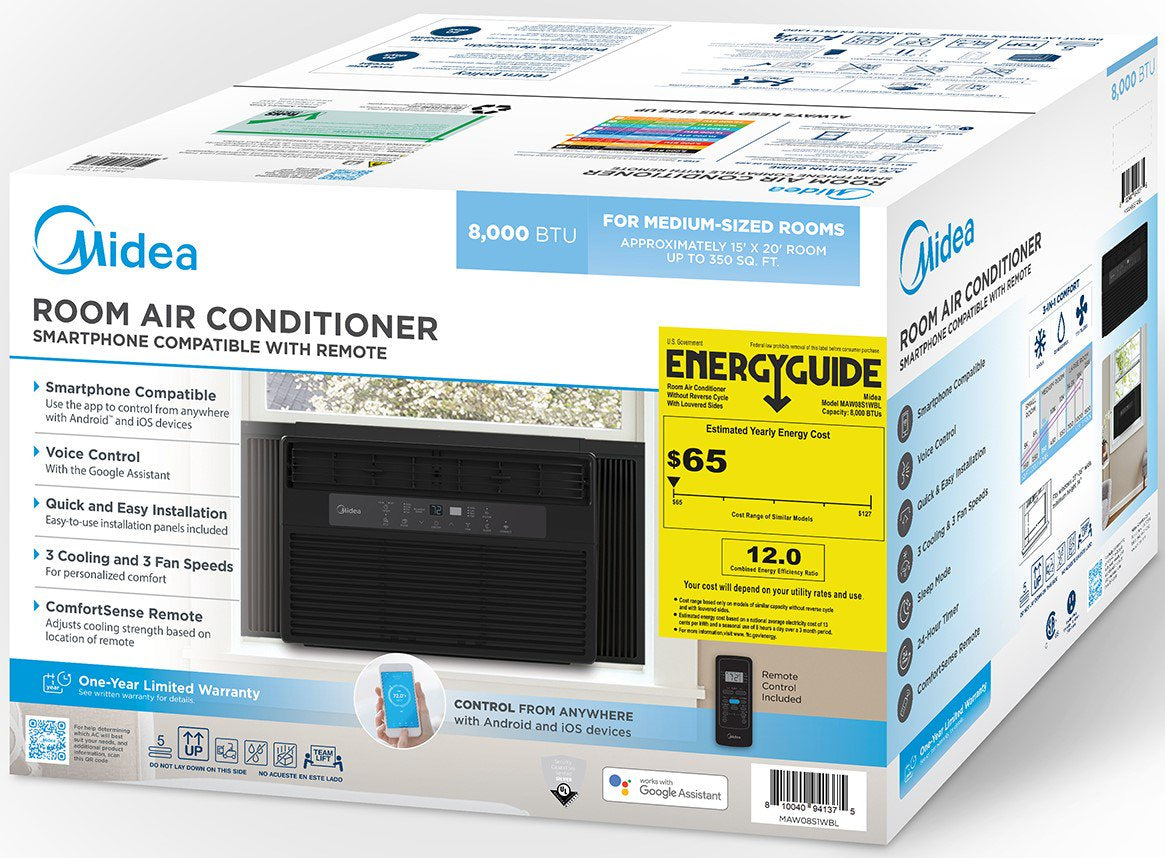 Midea 8,000 BTU 115V Smart Window Air Conditioner with Comfort Sense Remote, Black, MAW08S1WBL