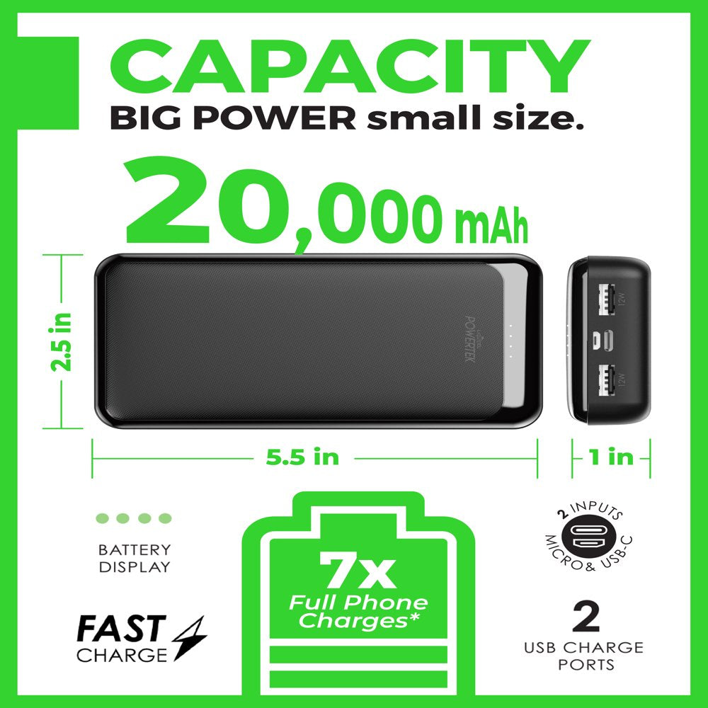 Liquipel Powertek 20,000 mAh Portable Charger Power Bank, Fast Charging Dual USB Output Battery Pack for iPhone, iPad, Galaxy, Android, Pixel, and Tablet (Black)