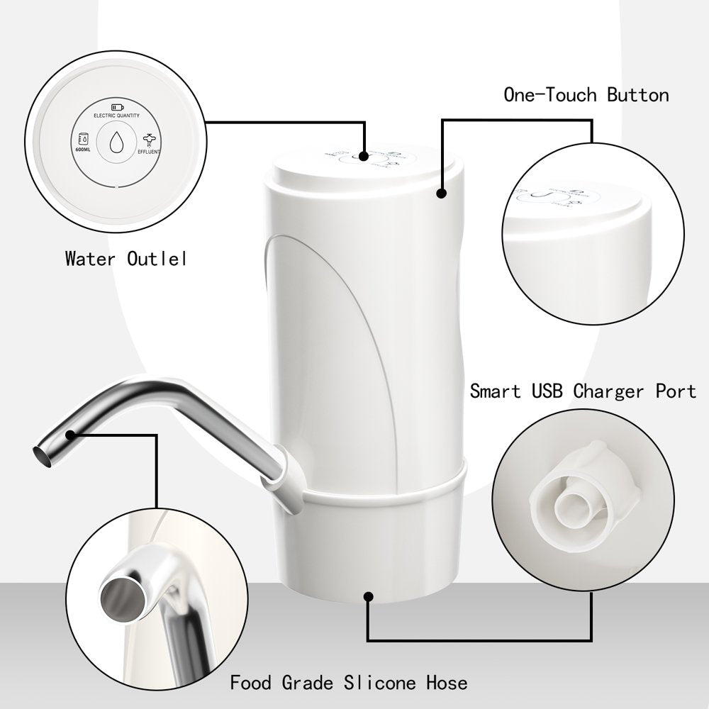 5 Gallon Water Dispenser,Electric Drinking Water Pump Portable Water Dispenser Universal USB Charging Water Bottle Pump For 2-5 Gallon With Silicone,White