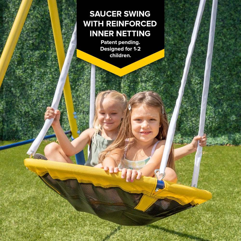 Sportspower Super Saucer Metal Swing Set with 2 Swings, Saucer Swing and a 1pc Heavy Duty Slide