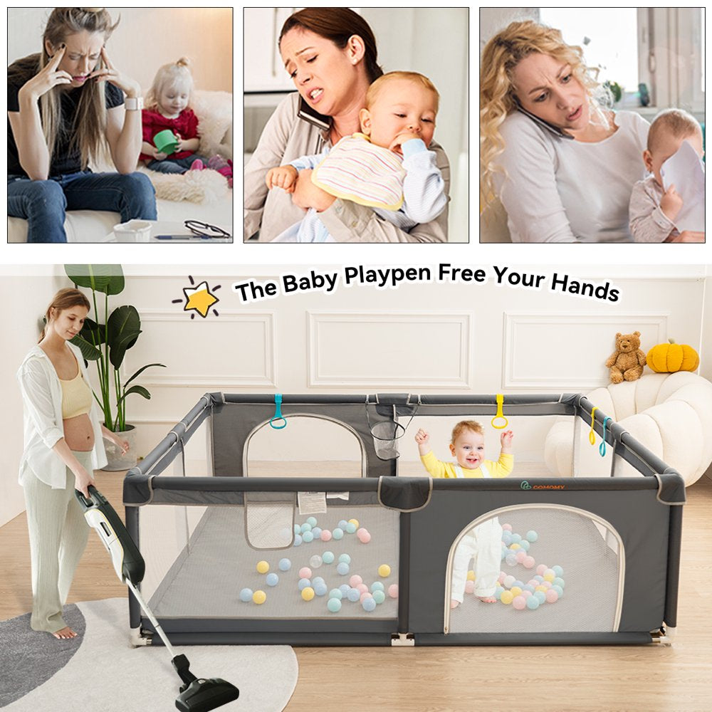 Baby Playpen, 59x71'' Large Baby Playard, Infant Activity Center with Anti-Slip Base, Gray