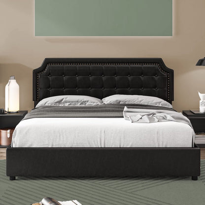 Homfa Full Storage Bed with 4 Drawers, PU Leather Platform Bed Frame with Adjustable Upholstered Headboard, Black