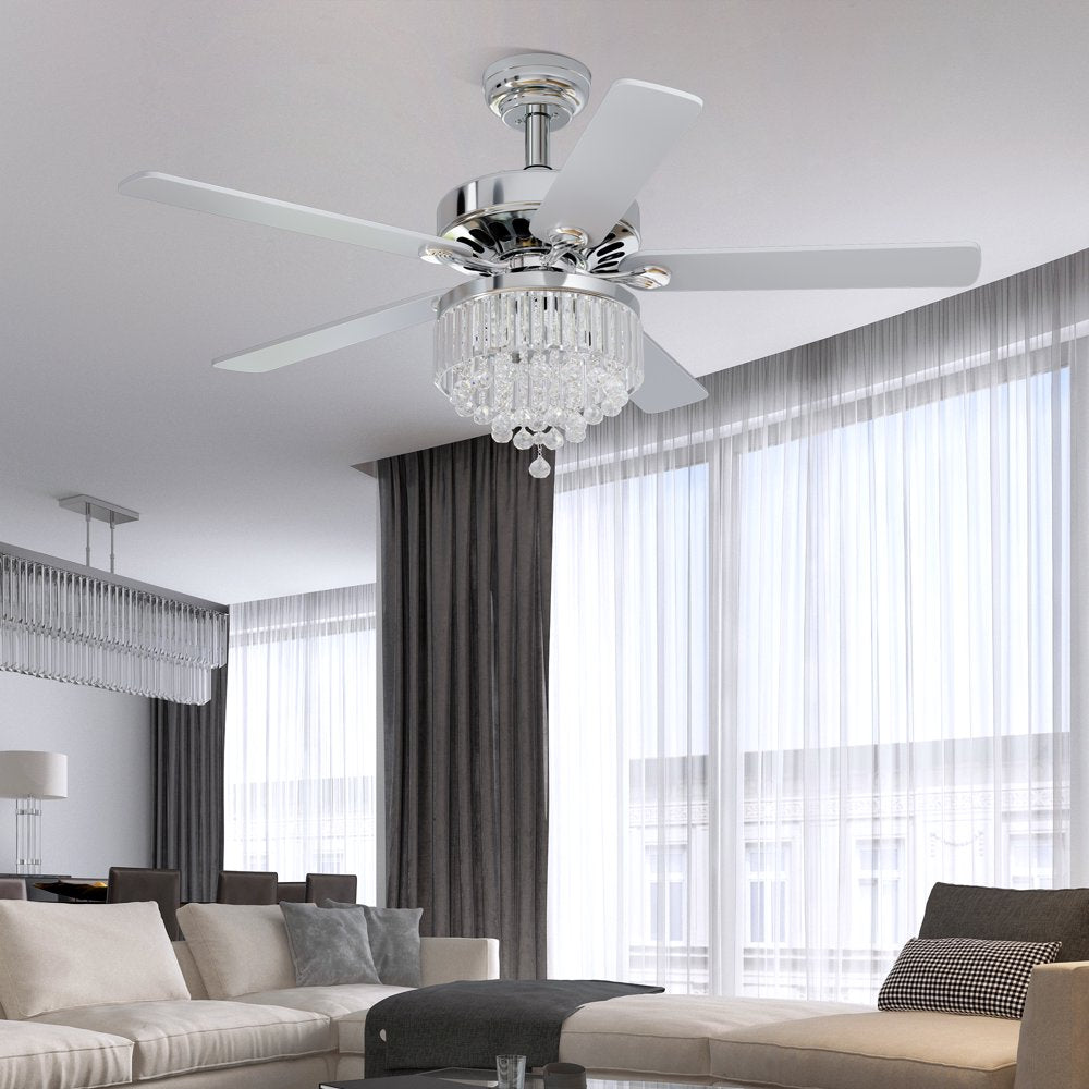 YITAHOME 52'' Chandelier Ceiling Fan with Remote, Crystal Fan Light, Indoor Fan Ceiling with 3 Speed, Silent Reversible Motor, Dual-Sided Blades, Chrome