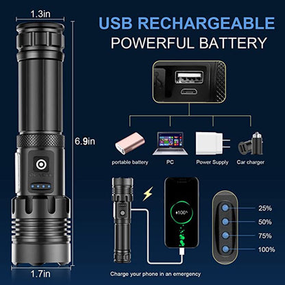 100000 Lumens Powerful Flashlight, Rechargeable Waterproof Searchlight XHP70 Super Bright Handheld Led Flashlight Tactical Flashlight 26650 Battery USB Zoom Torch for Emergency Hiking Hunting Camping