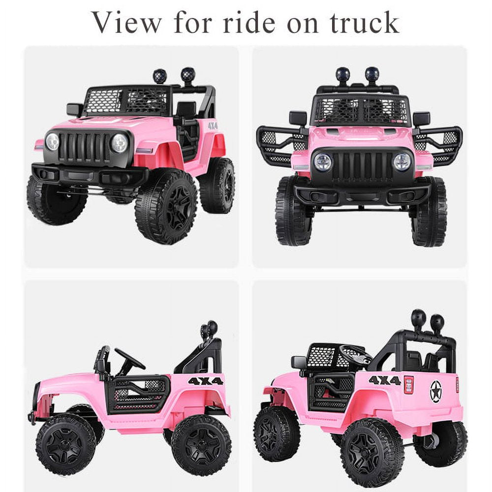 Funcid 12V Kids Powered Ride on Truck Car with Parent Remote Control, Bluetooth Music, Spring Suspension, LED Lights - Pink