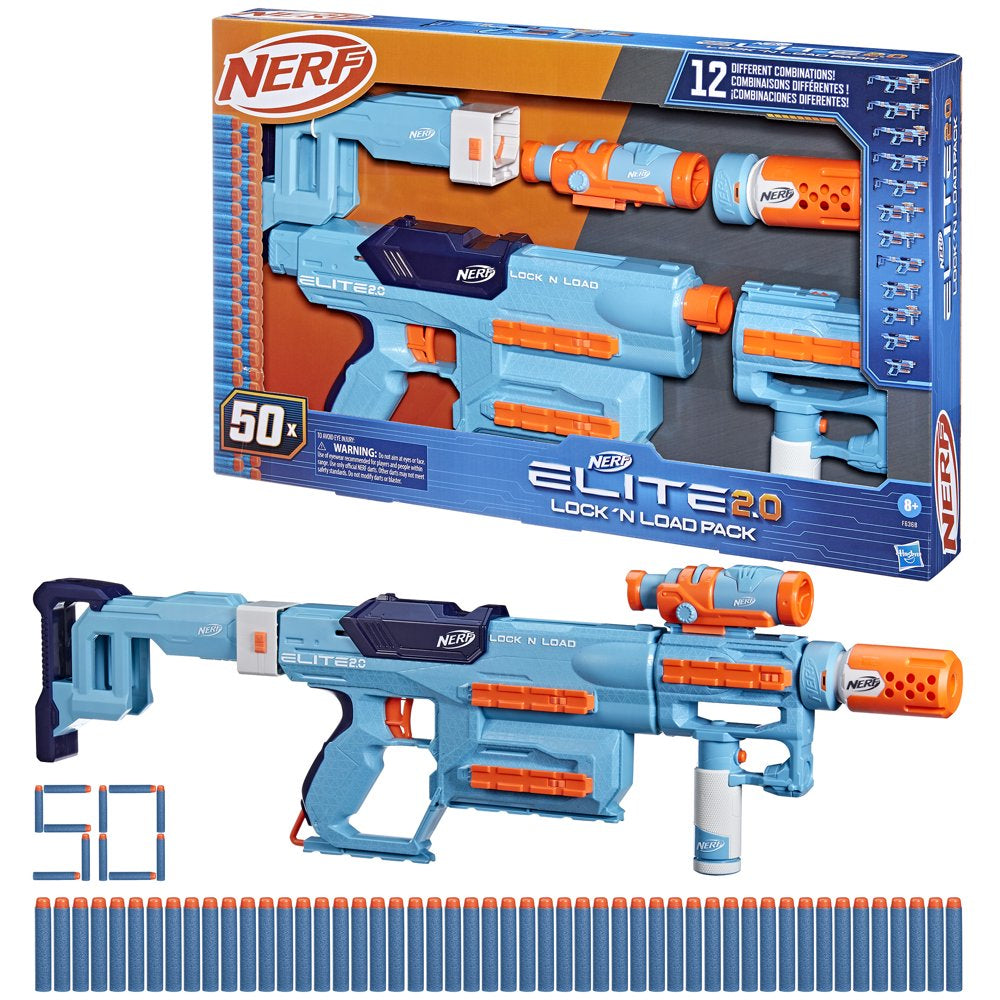 Nerf Elite 2.0 Lock N Load Pack, Blaster, 50 Elite Darts, Stock, Barrel, Foregrip, Scope, Ages 8+