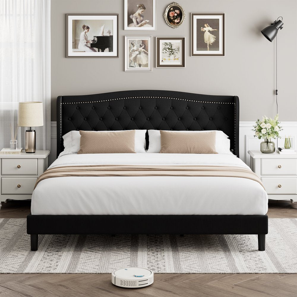 Homfa Full Bed Frame for Kids, Modern Bed Frame with Wing-Back Button Tufted Upholstered Headboard, Dark Gray