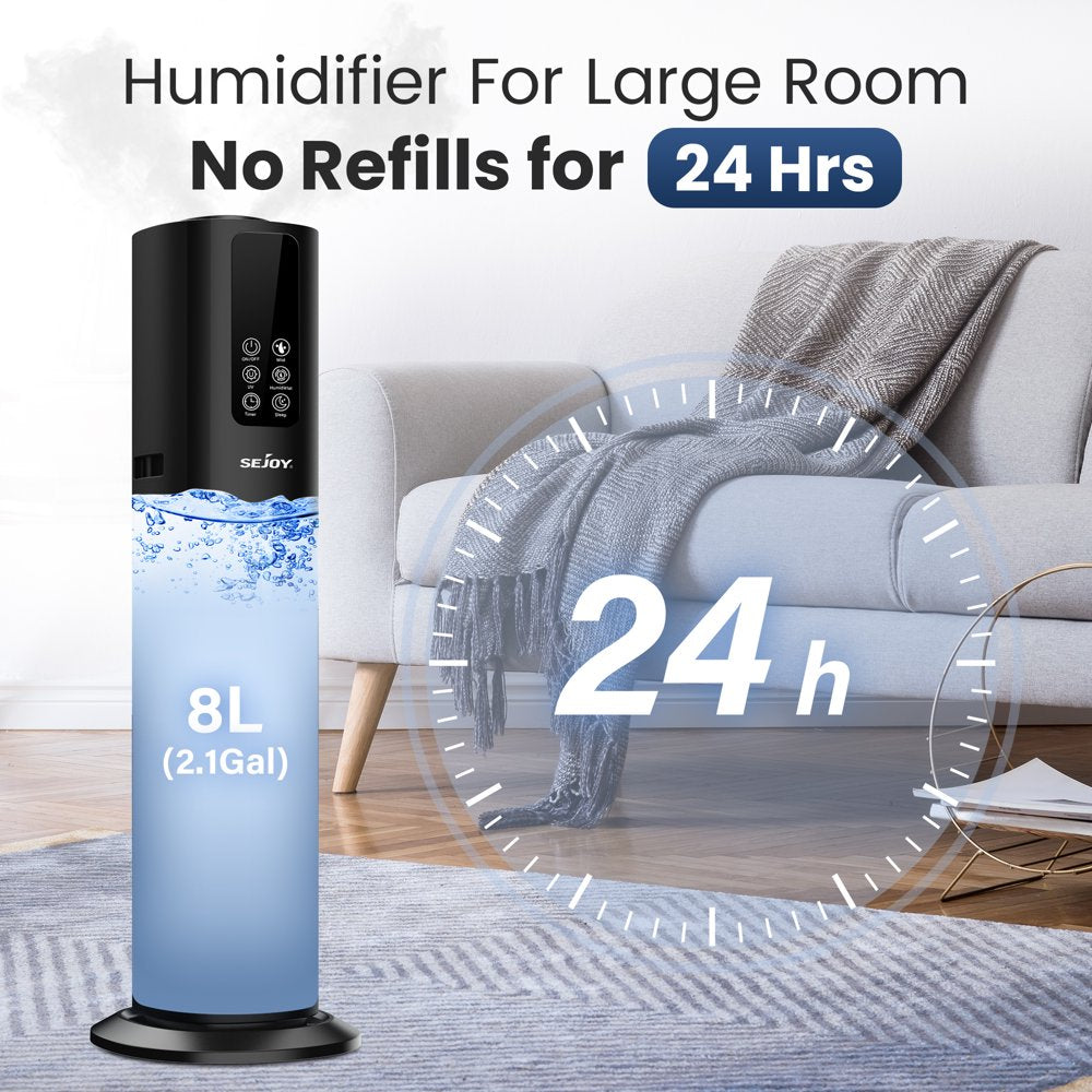 Sejoy Humidifiers for Large Rooms, 8L/2.11Gal Top Fill Ultrasonic Floor Humidifiers for Bedroom, Remote Control, Humidity Setting, Quiet, Aroma Box