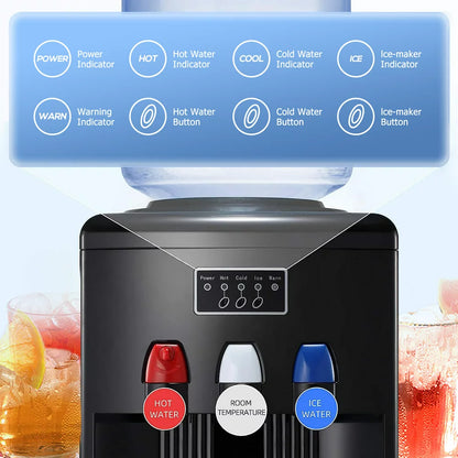 AGLUCKY 3-In-1 Water Cooler Dispenser with Built-In Ice Maker, Top Loading Water Coolers with 3 Temperature Settings, 5 Gallon Bottle, Child Lock, 27Lbs/24H Ice Maker Machine-Black