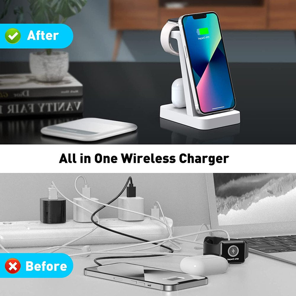 Charger Station for Iphone Multiple Devices - 3 in 1 Fast Wireless Charging Dock Stand for Apple Watch Series 7 6 SE 5 4 3 2 & Airpods Iphone 14 13 12 11 Pro X Max XS XR 8 7 plus 6S 6 with Adapter