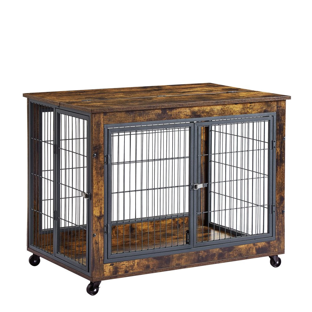 Pefilos 27 Inches Dog Crate Rustic Style Furniture Dog Cage Crate with Double Doors and Lift Top Heavy-Duty Kennel, Brown