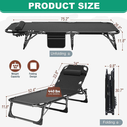 Slsy Portable Folding Camping Cot Bed with 2 Sided Mattress & Pillow, Adjustable 5-Position Folding Lounge Chair, Folding Cot Bed