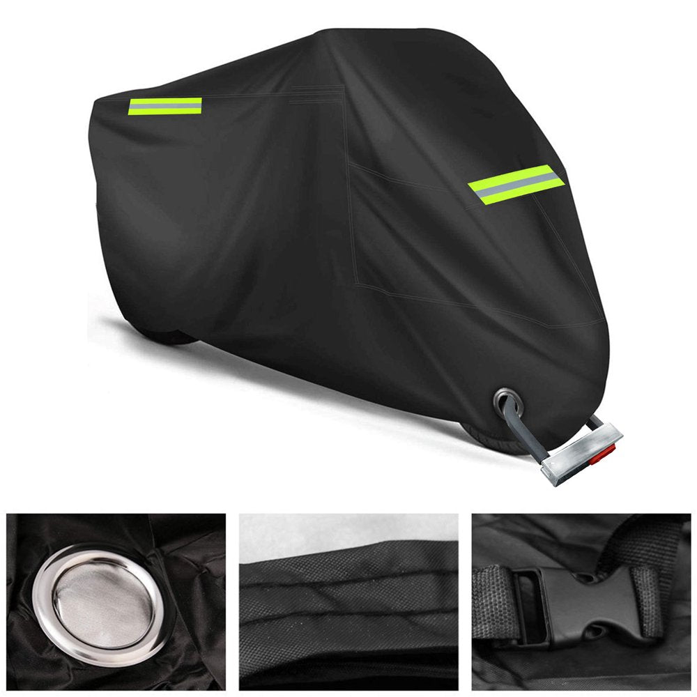 Motorcycle Cover All Season Universal Weather Quality Waterproof Sun Outdoor Protection Durable Night Reflective with Lock-Holes & Storage Bag Fits up to 96" Motorcycles Vehicle Cover