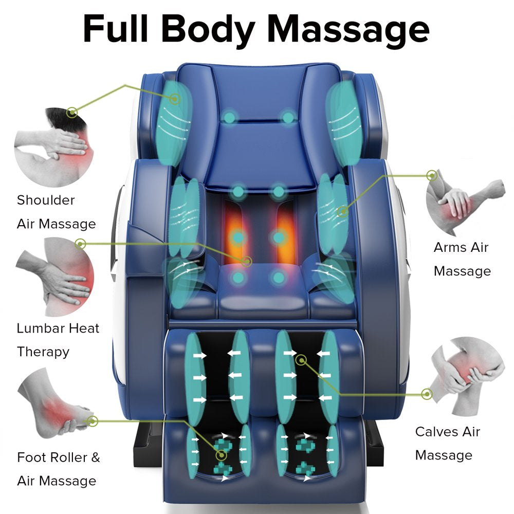 Real Relax Massage Chair, Full Body Recliner with Zero Gravity Chair, Air Pressure, Bluetooth, Heat and Foot Roller Included, Blue